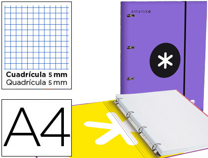 [AW07] CARPETA CON RECAMBIO LIDERPAPEL ANTARTIK A4 CUADRO 5 MM FORRADA 4 ANILLAS 25MM COLOR VIOLETA