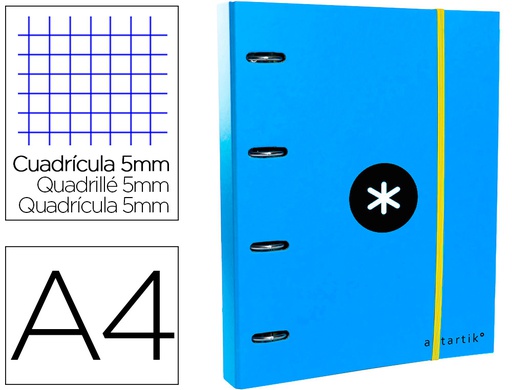 [AW34] CARPETA CON RECAMBIO ANTARTIK A4 CUADRO 5MM FORRADA 4 ANILLAS 40MM REDONDAS CON SOLAPA COLOR AZUL