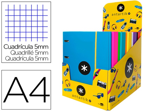 [KA39] CARPETA CON RECAMBIO ANTARTIK A4 CUADRO 5MM FORRADA 4 ANILLAS 40MM REDONDAS CON SOLAPA COLORES SURTIDOS