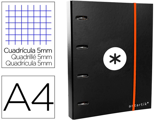 [AW41] CARPETA CON RECAMBIO ANTARTIK A4 CUADRO 5MM FORRADA 4 ANILLAS 40MM REDONDAS CON SOLAPA COLOR NEGRO