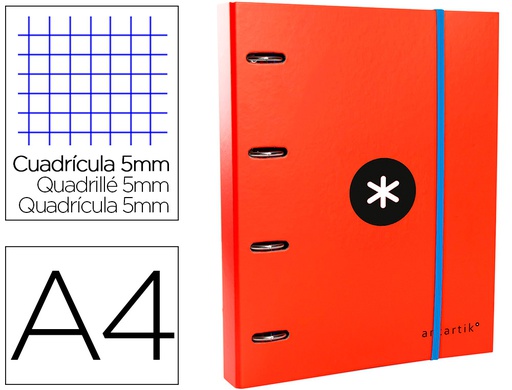 [AW36] CARPETA CON RECAMBIO ANTARTIK A4 CUADRO 5MM FORRADA 4 ANILLAS 40MM REDONDAS CON SOLAPA COLOR ROJO