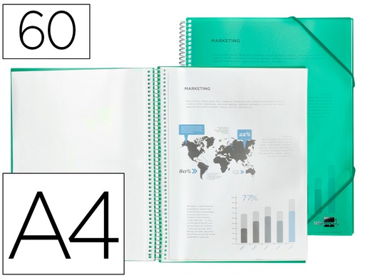 [EC23] CARPETA LIDERPAPEL ESCAPARATE CON ESPIRAL 60 FUNDAS POLIPROPILENO DIN A4 VERDE