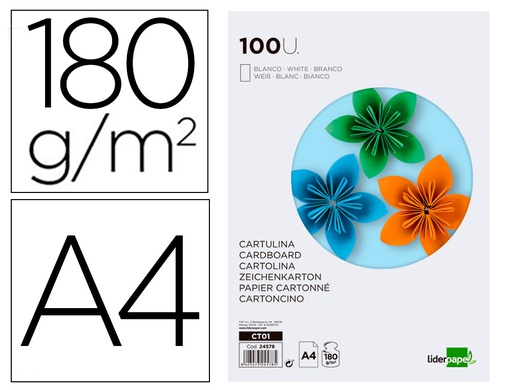 [CT01] CARTULINA LIDERPAPEL A4 180G/M2 BLANCO PAQUETE DE 100 HOJAS
