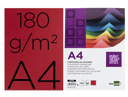 [CT12] CARTULINA LIDERPAPEL A4 180G/M2 ROJO PAQUETE DE 100 HOJAS