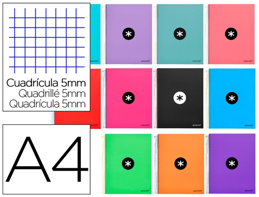 [KD63] CUADERNO ESPIRAL A4 MICRO ANTARTIK TAPA FORRADA 120H 90 GR CUADRO 5MM 5 BANDAS 4 TALADROS COLORES SURTIDOS