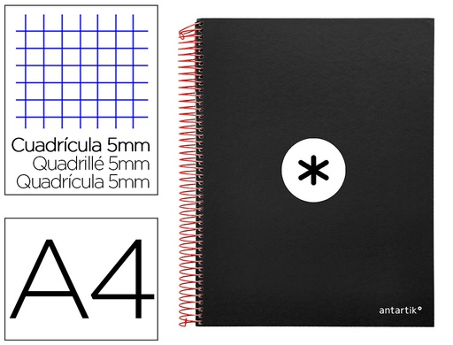 [KD30] CUADERNO ESPIRAL A4 MICRO ANTARTIK TAPA FORRADA 120H 90 GR CUADRO 5MM 5 BANDAS 4 TALADROS COLOR NEGRO
