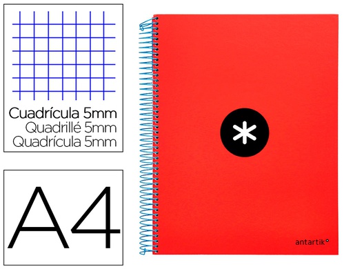 [KD22] CUADERNO ESPIRAL A4 MICRO ANTARTIK TAPA FORRADA 120H 90 GR CUADRO 5MM 5 BANDAS 4 TALADROS COLOR ROJO