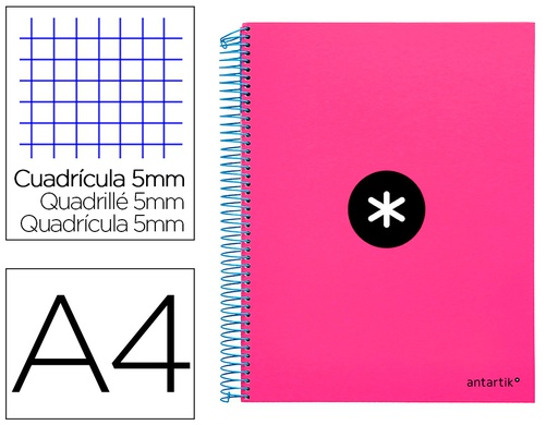 [KD25] CUADERNO ESPIRAL A4 MICRO ANTARTIK TAPA FORRADA 120H 90 GR CUADRO 5MM 5 BANDAS 4 TALADROS COLOR ROSA
