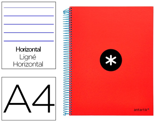 [KD02] CUADERNO ESPIRAL A4 MICRO ANTARTIK TAPA FORRADA 120H 90 GR HORIZONTAL 5 BANDAS 4 TALADROS COLOR ROJO