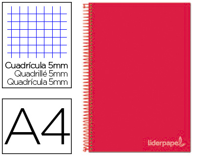 [BA50] CUADERNO ESPIRAL LIDERPAPEL A4 MICRO JOLLY TAPA FORRADA 140H 75 GR CUADRO 5MM 5 BANDAS 4 TALADROS COLOR ROJO