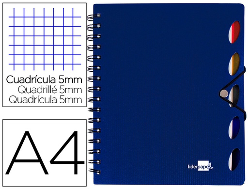 [BE18] CUADERNO ESPIRAL LIDERPAPEL A4 MICRO EXECUTIVE TAPA PLASTICO 100H 80 GR CUADRO 5MM 5 SEPARADORES CON GOMILLA AZUL