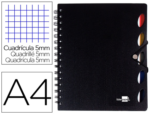 [BE20] CUADERNO ESPIRAL LIDERPAPEL A4 MICRO EXECUTIVE TAPA PLASTICO 100H 80 GR CUADRO 5MM 5 SEPARADORES CON GOMILLA NEGRO