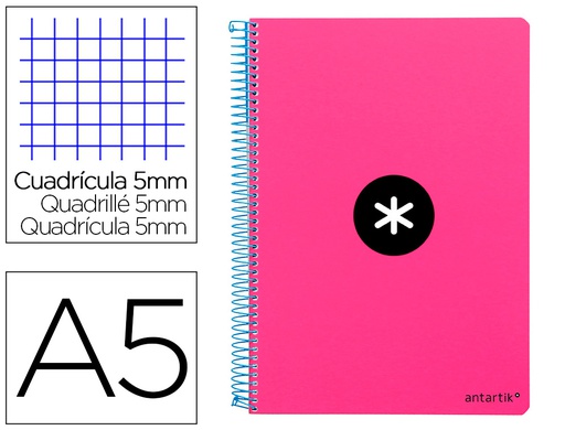 [KE15] CUADERNO ESPIRAL LIDERPAPEL A5 ANTARTIK TAPA DURA 80H 100 G CUADRO 5MM CON MARGEN COLOR ROSA FLUOR
