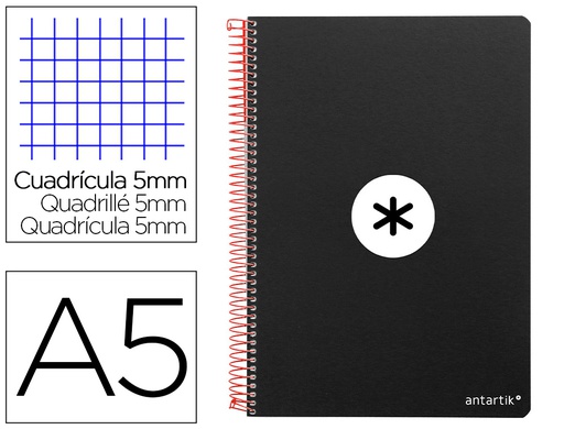[KE20] CUADERNO ESPIRAL LIDERPAPEL A5 ANTARTIK TAPA DURA 80H 100 GR CUADRO 5MM CON MARGEN COLOR NEGRO