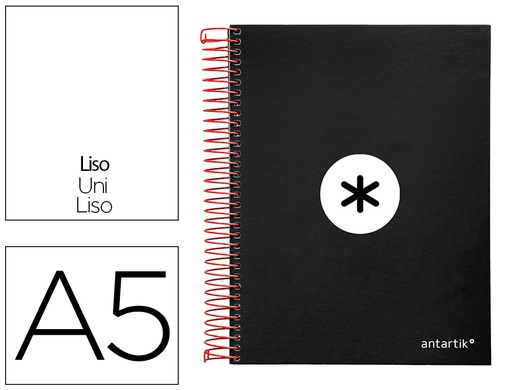 [KD60] CUADERNO ESPIRAL A5 MICRO ANTARTIK TAPA FORRADA 120H 90G LISO CON BANDAS 6 TALADROS COLOR NEGRO