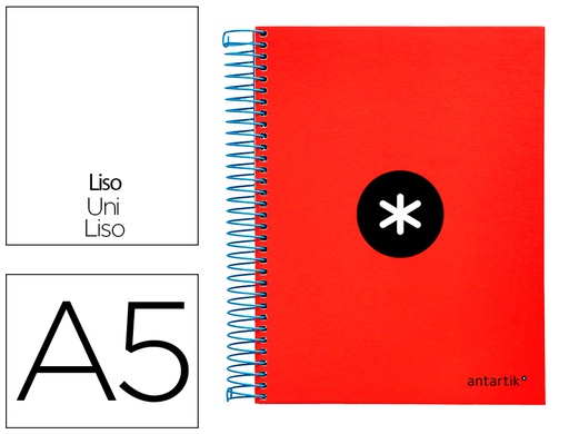 [KD52] CUADERNO ESPIRAL A5 MICRO ANTARTIK TAPA FORRADA 120H 90G LISO CON BANDAS 6 TALADROS COLOR ROJO