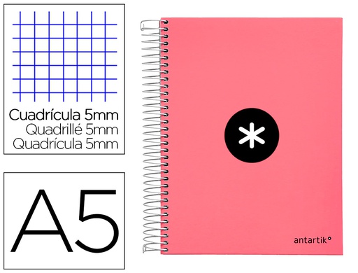 [KD89] CUADERNO ESPIRAL A5 MICRO ANTARTIK TAPA FORRADA120H 90 GR CUADRO 5 MM 5 BAND 6 TALADROS COLOR CORAL