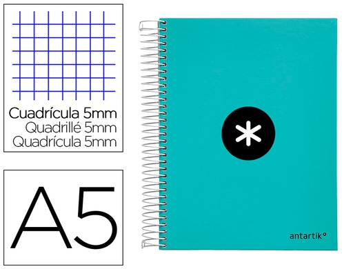 [KD90] CUADERNO ESPIRAL A5 MICRO ANTARTIK TAPA FORRADA120H 90 GR CUADRO 5 MM 5 BANDA6 TALADROS COLOR MENTA