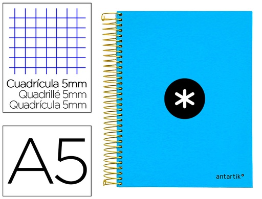 [KD31] CUADERNO ESPIRAL A5 MICRO ANTARTIK TAPA FORRADA120H 90 GR CUADRO 5MM 5 BANDAS6 TALADROS COLOR AZUL