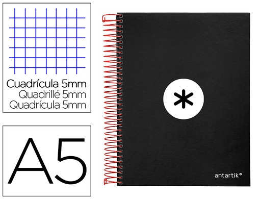 [KD40] CUADERNO ESPIRAL A5 MICRO ANTARTIK TAPA FORRADA120H 90 GR CUADRO 5MM 5 BANDAS6 TALADROS COLOR NEGRO