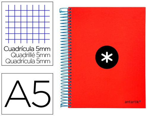 [KD32] CUADERNO ESPIRAL A5 MICRO ANTARTIK TAPA FORRADA120H 90 GR CUADRO 5MM 5 BANDAS6 TALADROS COLOR ROJO