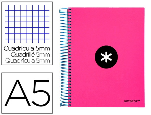 [KD35] CUADERNO ESPIRAL A5 MICRO ANTARTIK TAPA FORRADA 120H 90 GR CUADRO 5MM 5 BANDA S 6 TALADROS COLOR ROSA