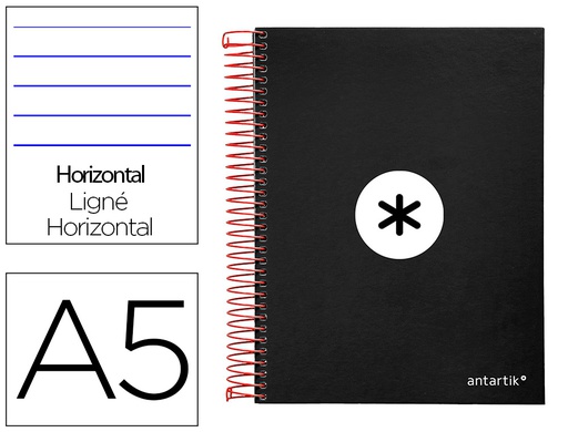 [KD20] CUADERNO ESPIRAL A5 MICRO ANTARTIK TAPA FORRADA 120H 90 GR HORIZONTAL 5 BANDAS 6 TALADROS COLOR NEGRO