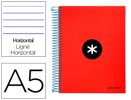 [KD12] CUADERNO ESPIRAL A5 MICRO ANTARTIK TAPA FORRADA 120H 90 GR HORIZONTAL 5 BANDAS 6 TALADROS COLOR ROJO