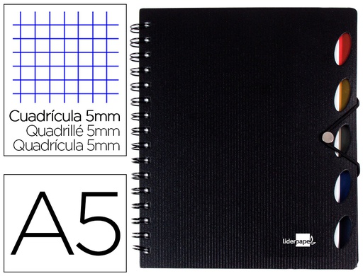 [BJ36] CUADERNO ESPIRAL LIDERPAPEL A5 MICRO EXECUTIVE TAPA PLASTICO 100H 80 GR CUADRO 5MM 5 SEPARADORES CON GOMILLA NEGRO