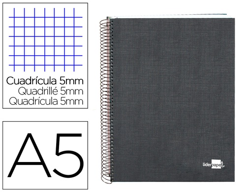[BJ25] CUADERNO ESPIRAL LIDERPAPEL A5 MICRO PAPERCOAT TAPA FORRADA 140H 75 GR CUADRO5MM 5 BANDAS 6 TALADROS NEGRO