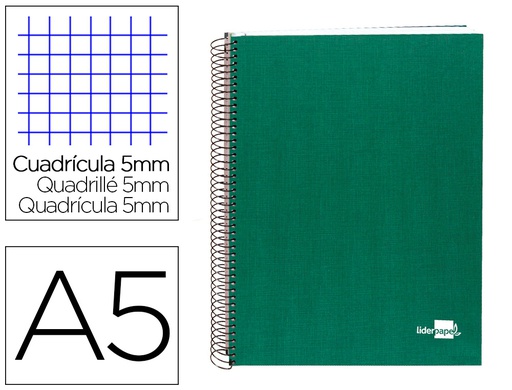 [BJ27] CUADERNO ESPIRAL LIDERPAPEL A5 MICRO PAPERCOAT TAPA FORRADA 140H 80 GR CUADRO5MM 5 BANDAS 6 TALADROS VERDE