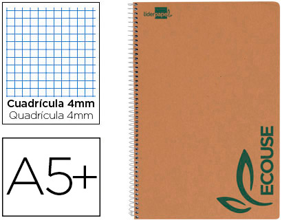 [BB03] CUADERNO ESPIRAL LIDERPAPEL CUARTO ECOUSE TAPA CARTULINA KRAFT 80H PAPEL RECICLADO 80 GRCUADRO 4MM