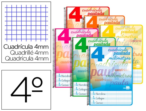 [BC46] CUADERNO ESPIRAL LIDERPAPEL CUARTO PAUTAGUIA TAPA BLANDA 40H 80 GR CUADRO PAUTADO 4MM COLORES SURTIDOS