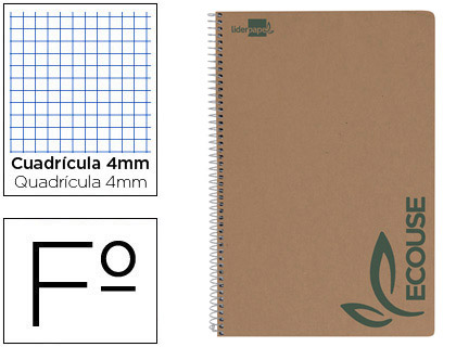 [BB02] CUADERNO ESPIRAL LIDERPAPEL DIN A4 ECOUSE TAPA CARTULINA KRAFT 80H PAPEL RECICLADO 80 GR CUADRO 4 MM CON MARGEN