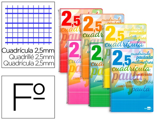 [BF55] CUADERNO ESPIRAL LIDERPAPEL FOLIO PAUTAGUIA TAPA BLANDA 80H 75 GR CUADRO PAUTADO 2,5MM CON MARGEN COLORES SURTIDOS