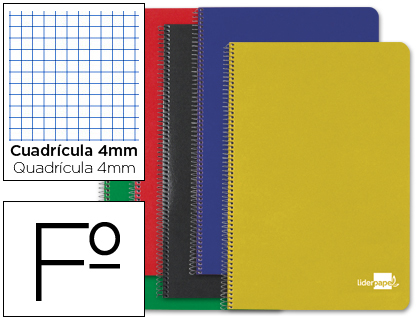[BF25] CUADERNO ESPIRAL LIDERPAPEL FOLIO TAPA DURA 80H 60 GR CUADRO 4MM CON MARGEN COLORES SURTIDOS