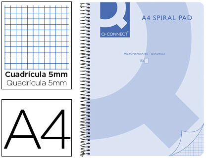 [KF10031] CUADERNO ESPIRAL Q CONNECT A4 MICRO TAPA PLASTICO 80H 70G CUADRO 5MM SIN BANDAS 4 TALADROS AZUL