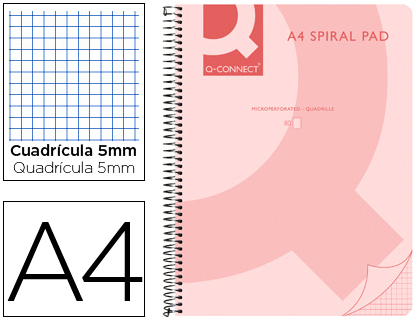 [KF10032] CUADERNO ESPIRAL Q CONNECT A4 MICRO TAPA PLASTICO 80H 70G CUADRO 5MM SIN BANDAS 4 TALADROS ROSA