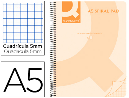 [KF10027] CUADERNO ESPIRAL Q CONNECT A5 MICRO TAPA PLASTICO 80H 70G CUADRO 5MM SIN BANDAS 6 TALADROS NARANJA
