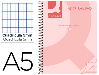 [KF10029] CUADERNO ESPIRAL Q CONNECT A5 MICRO TAPA PLASTICO 80H 70G CUADRO 5MM SIN BANDAS 6 TALADROS ROSA