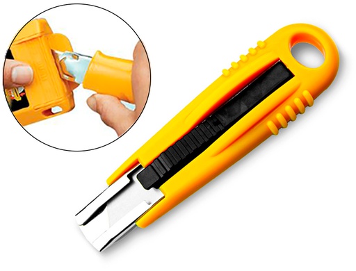 [KF14624] CUTER Q-CONNECT PLASTICO ANCHO DE SEGURIDAD RETRACTIL Y CON ASA PARA COLGAR CUCHILLA 18 MM XD-123 BLISTER 1 UNIDAD