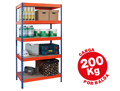 [STABIL 90/45] ESTANTERIA METALICA AR STORAGE 180X90X45 CM 5 ESTANTES 200KG POR ESTANTE BANDEJAS DE MADERASIN TORNILLOS AZUL NARANJA