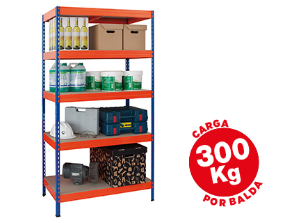 [STABIL 100/50] ESTANTERIA METALICA AR STORAGE 192X100X50CM 5 ESTANTES 300KG POR ESTANTE BANDEJAS DE MADERA SIN TORNILLOS AZUL/NARANJA