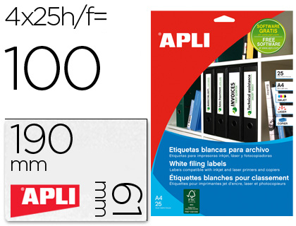 [1233] ETIQUETA ADHESIVA APLI 1233 TAMAÑO 190X61 MM PARA FOTOCOPIADORA LASER INK-JET CAJA 25 HOJAS CON 100