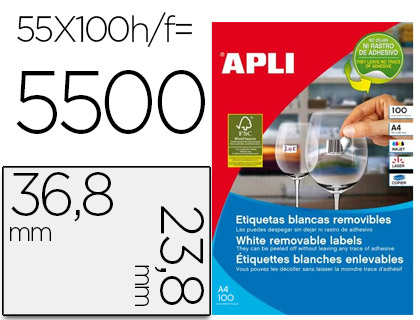 [3051] ETIQUETA ADHESIVA APLI 36,8X23,8 MM FOTOCOPIADORA LASER INKJET CAJA 100 HOJAS DIN A4 CON 5500 ETIQUETAS