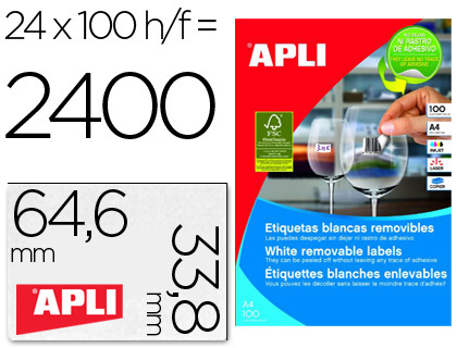 [3056] ETIQUETA ADHESIVAS APLI 3056 TAMAÑO 64,6 X 33,8 MM PARA FOTOCOPIADORA LASER INK-JET CAJA CON 100 HOJAS A-4 REMOVI.