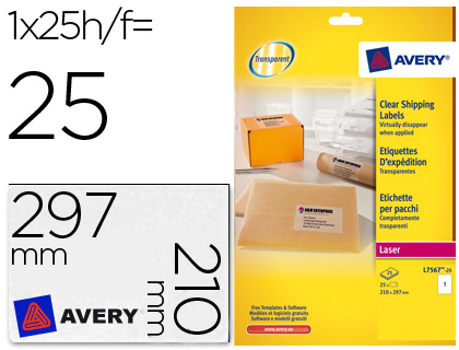 [L7567-25] ETIQUETA ADHESIVAS RESISTENTE AVERY TRANSPARENTE 210X297 MM CAJA DE 25 UNIDADES