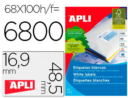 [1282] ETIQUETAS ADHESIVAS APLI 01282 TAMAÑO 48,5X16,9 MM PARA FOTOCOPIADORA LASER INK-JET CAJA DE 100H DINA4 6800 ETIQU