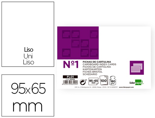 [FL01] FICHA LIDERPAPEL LISA Nº1 65X95MM PAQUETE DE 100 180G