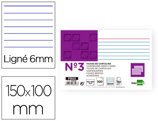 [FR03] FICHA LIDERPAPEL RAYADA Nº3 100X150 MM 180G/M2 PAQUETE DE 100 UNIDADES